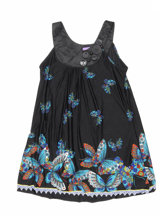 Purple Womens Black Geometric Polyester Tank Dress Size M Scoop Neck Pullover - Butterflies