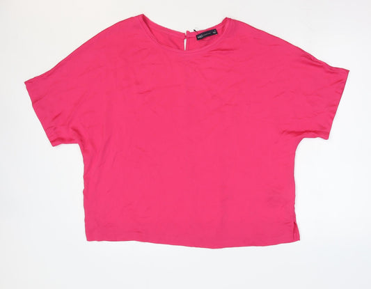 Marks and Spencer Womens Pink Polyester Basic T-Shirt Size 16 Round Neck