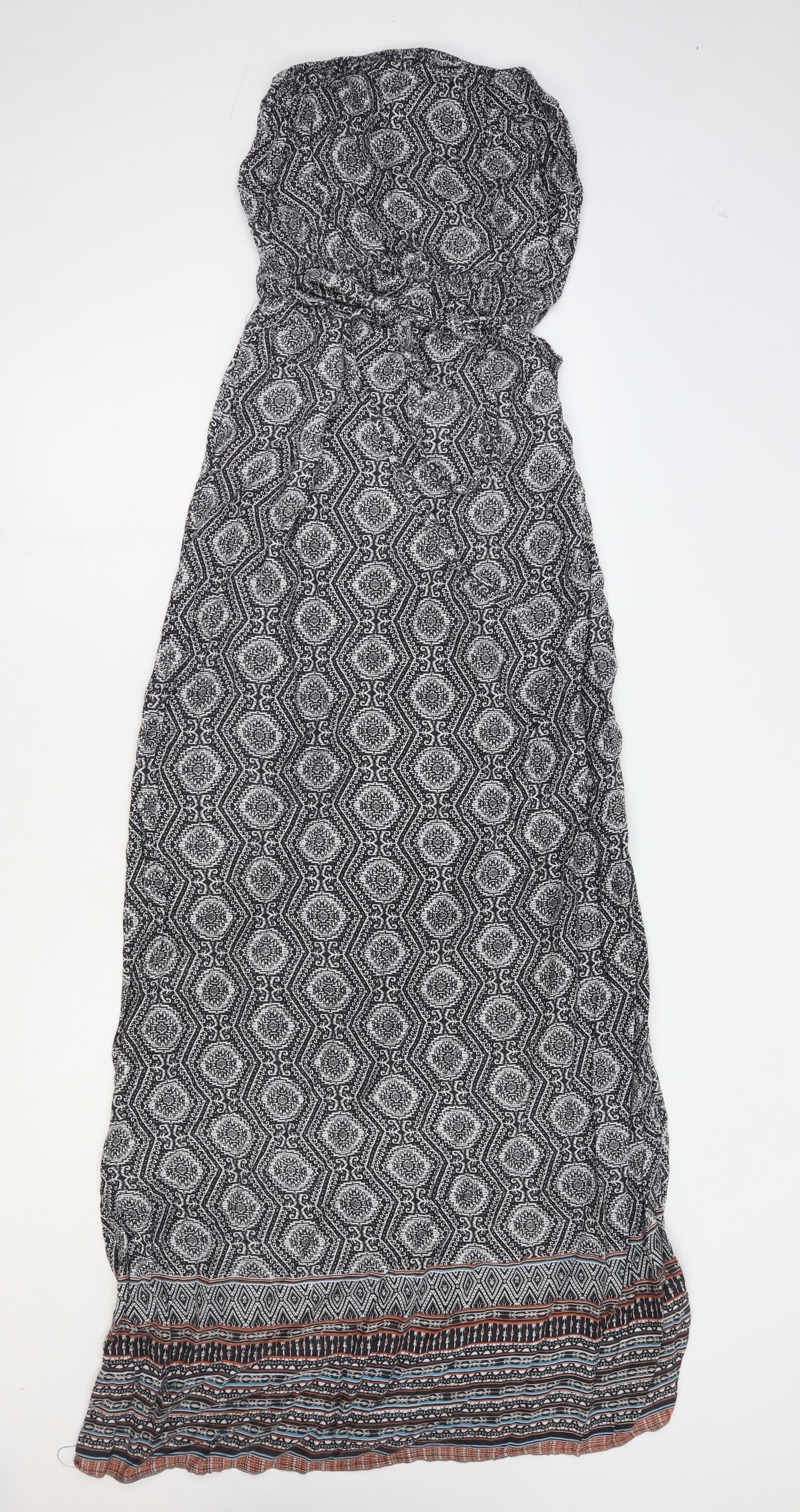 New Look Womens Black Geometric Viscose Maxi Size 8 Off the Shoulder Tie - Bandeau Dress