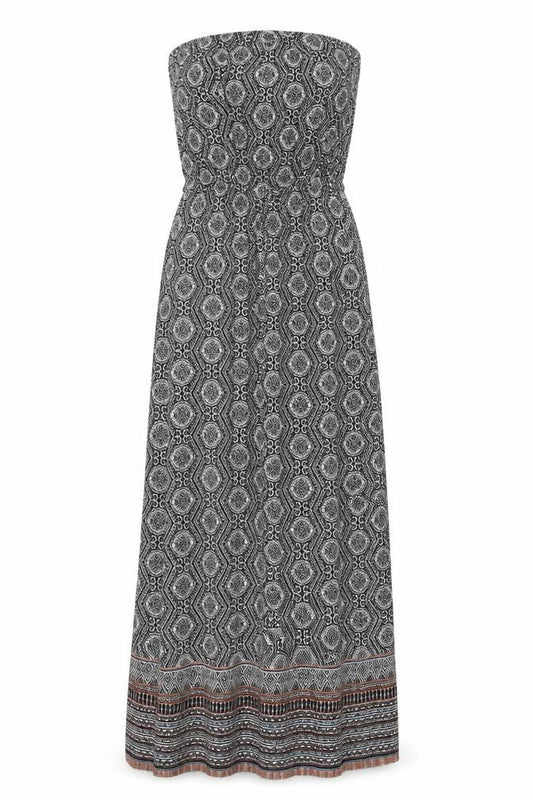 New Look Womens Black Geometric Viscose Maxi Size 8 Off the Shoulder Tie - Bandeau Dress