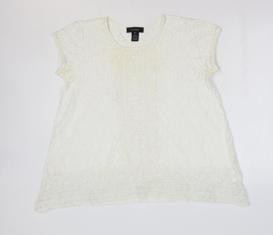 Karen Kane Womens White Floral Cotton Basic Blouse Size XS Round Neck