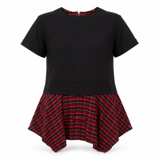 Zara Womens Black Plaid Cotton T-Shirt Dress Size S Round Neck Zip - Hanky Hem