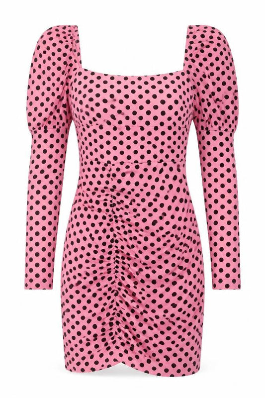 Naanaa Womens Pink Polka Dot Polyester Bodycon Size 8 Square Neck Zip