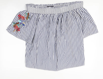 Marks & Spencer Womens Blue Striped Polyester Basic T-Shirt Size 14 Off the Shoulder