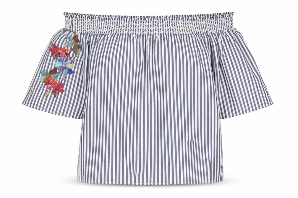 Marks & Spencer Womens Blue Striped Polyester Basic T-Shirt Size 14 Off the Shoulder