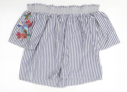 Marks & Spencer Womens Blue Striped Polyester Basic T-Shirt Size 14 Off the Shoulder