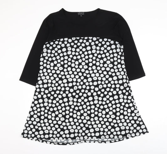Grace Womens Black Polka Dot Polyester A-Line Size 14 Round Neck Pullover