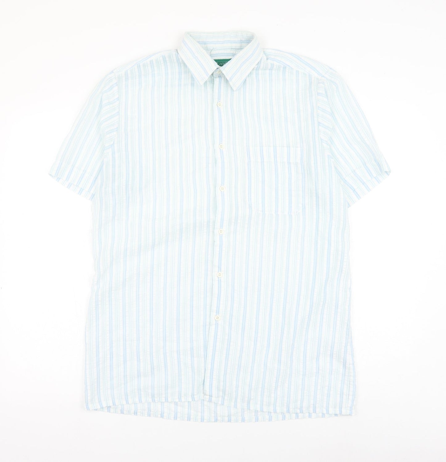 Canada Mens Blue Striped Polyester Button-Up Size 15.5 Collared Button