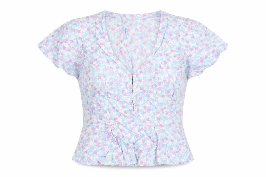 Pimkie Womens Blue Floral Viscose Basic Blouse Size 8 V-Neck