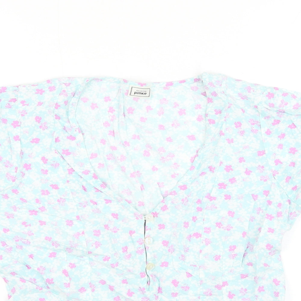 Pimkie Womens Blue Floral Viscose Basic Blouse Size 8 V-Neck