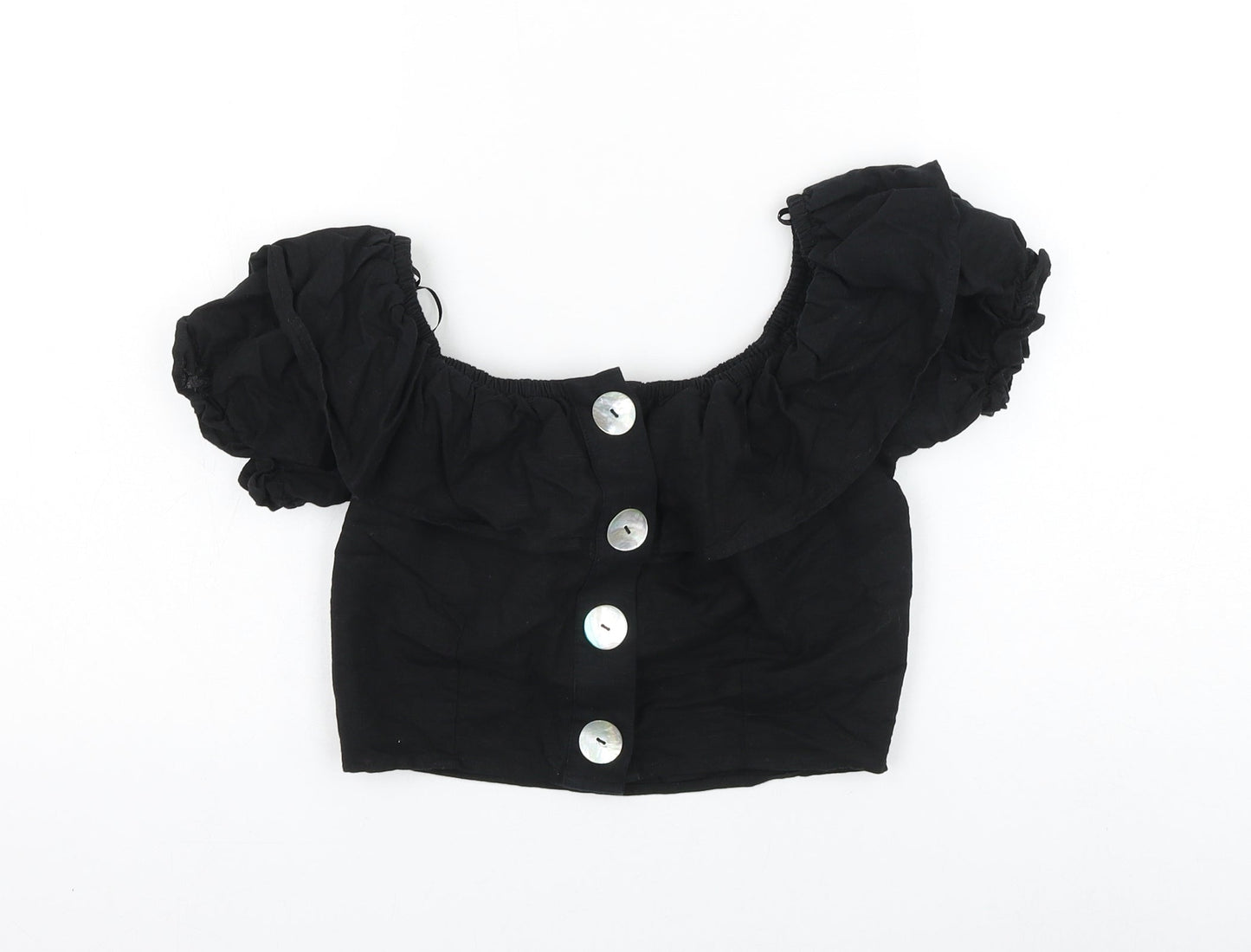Topshop Womens Black Cotton Cropped Blouse Size 6 Round Neck