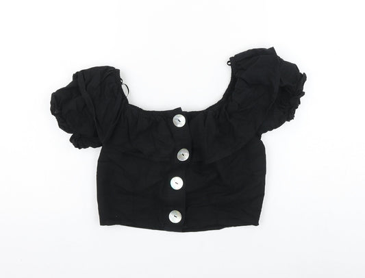 Topshop Womens Black Cotton Cropped Blouse Size 6 Round Neck