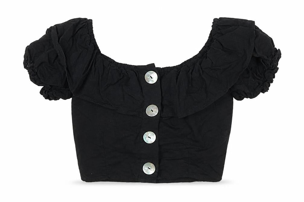 Topshop Womens Black Cotton Cropped Blouse Size 6 Round Neck