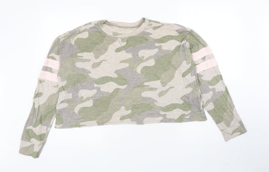 Hollister Womens Green Camouflage 100% Cotton Cropped T-Shirt Size XS Round Neck