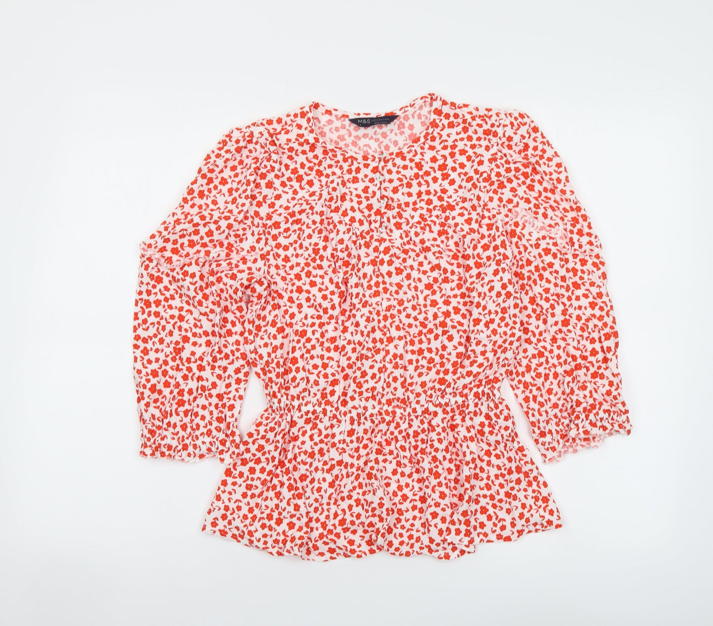 Marks and Spencer Womens Red Floral Viscose Basic Blouse Size 8 Round Neck