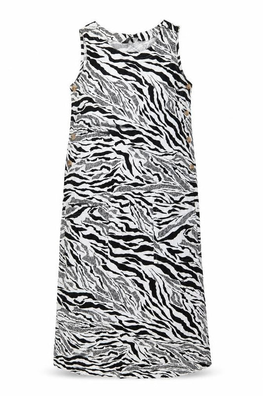 Marks & Spencer Womens White Animal Print Linen Tank Dress Size 6 Round Neck Pullover - Zebra pattern