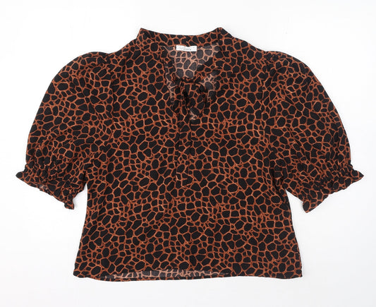 LOSTSTOCK Womens Black Animal Print Polyester Basic Blouse Size L V-Neck - Leopard print