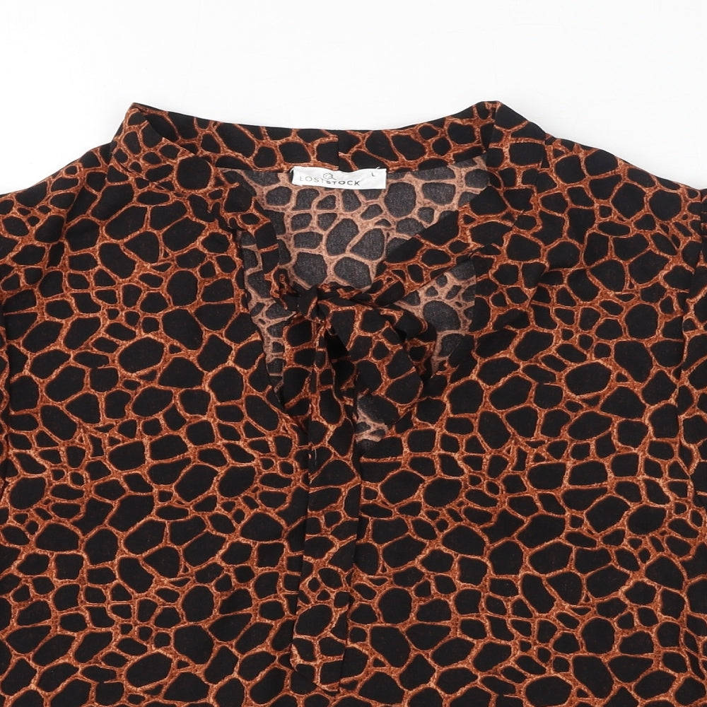 LOSTSTOCK Womens Black Animal Print Polyester Basic Blouse Size L V-Neck - Leopard print
