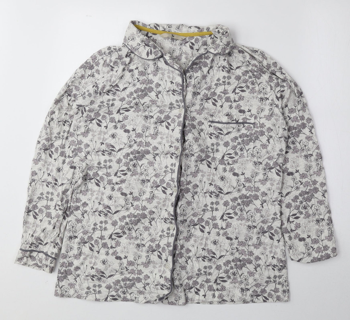 TU Womens Purple Floral Cotton Basic Button-Up Size 14 V-Neck