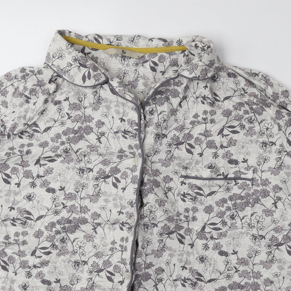 TU Womens Purple Floral Cotton Basic Button-Up Size 14 V-Neck