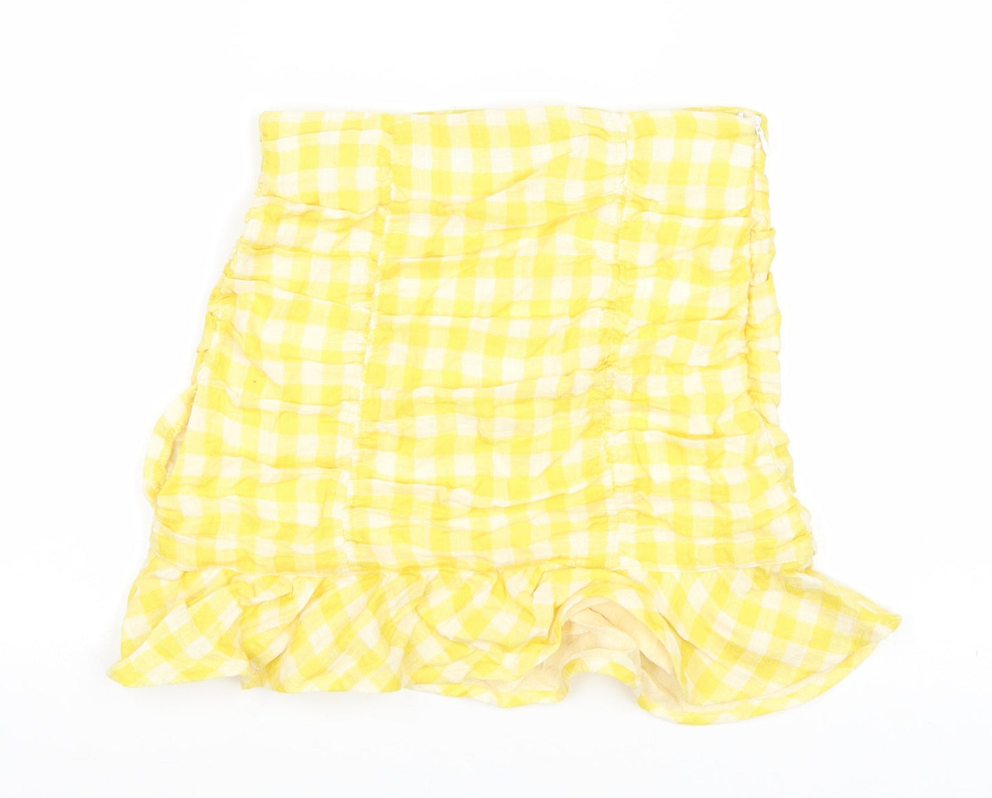 Zara Womens Yellow Plaid Cotton Mini Skirt Size XS Zip - Ruched