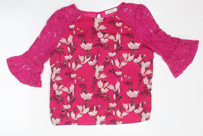 Oasis Womens Pink Floral Polyester Basic T-Shirt Size M Round Neck