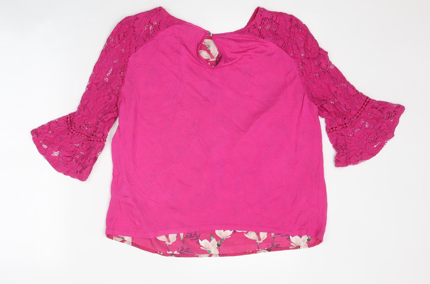 Oasis Womens Pink Floral Polyester Basic T-Shirt Size M Round Neck