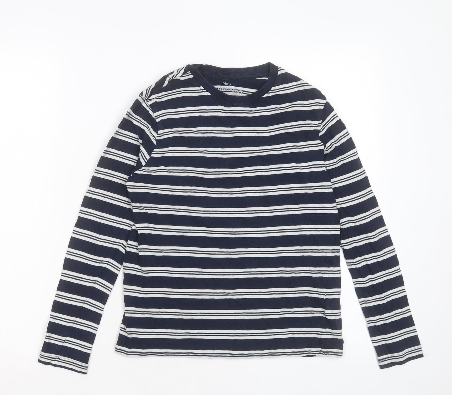 Marks and Spencer Boys Blue Striped Cotton Basic Casual Size 11-12 Years Crew Neck Pullover