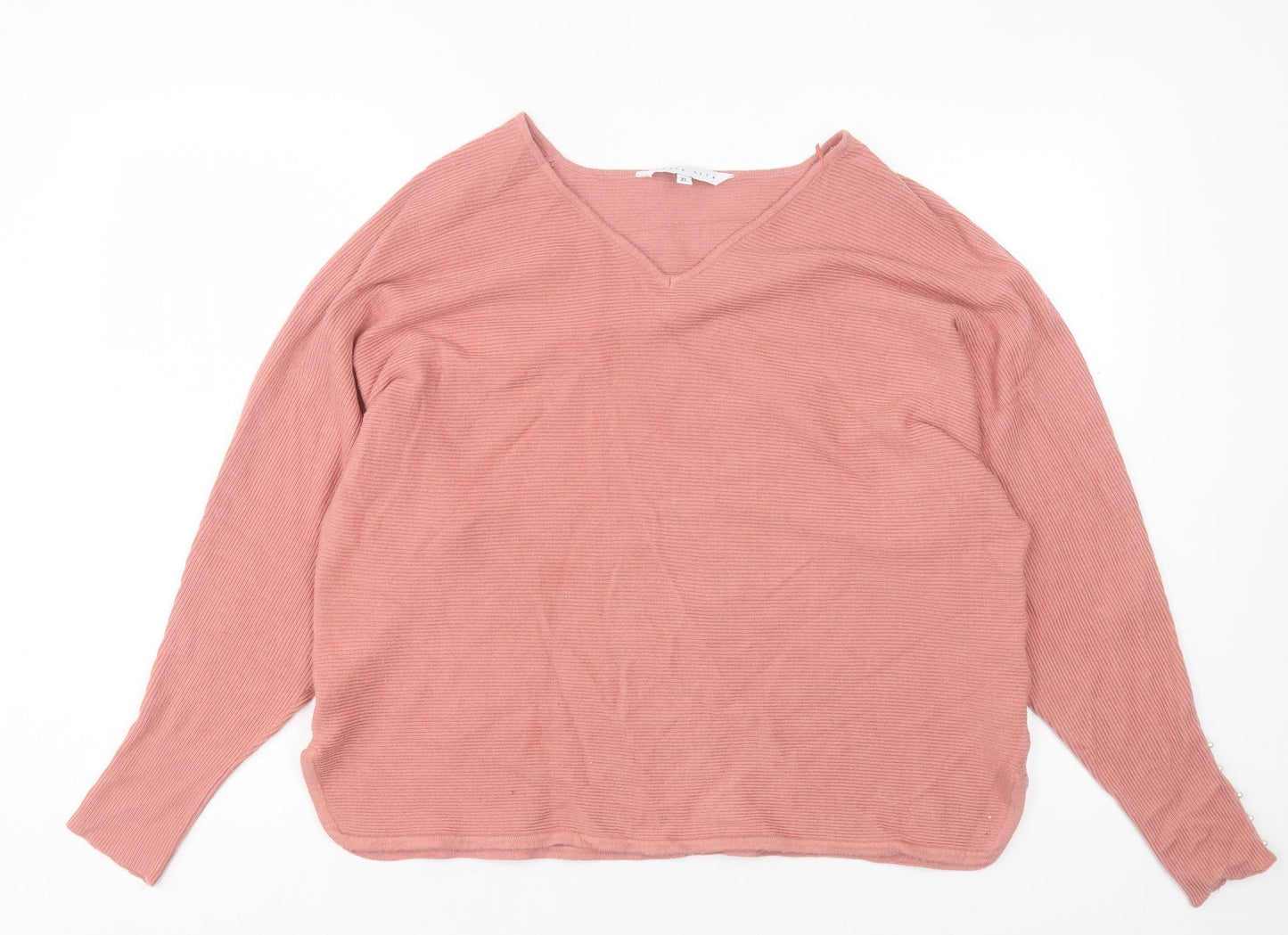 Amara Reya Womens Pink V-Neck Viscose Pullover Jumper Size XL