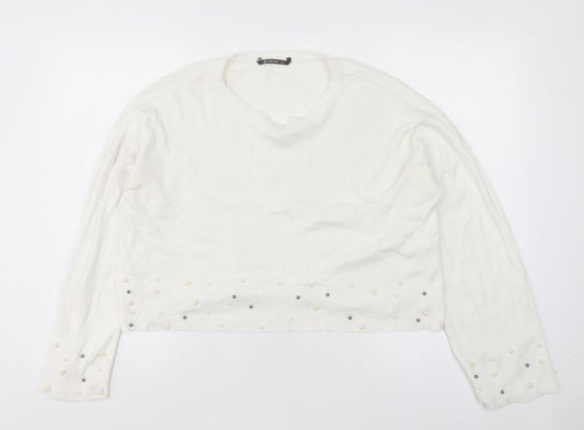Stradivarius Womens White Crew Neck Acrylic Pullover Jumper Size S