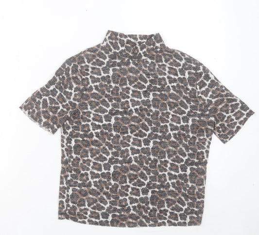 Zara Womens Brown Animal Print Polyester Cropped T-Shirt Size S Round Neck