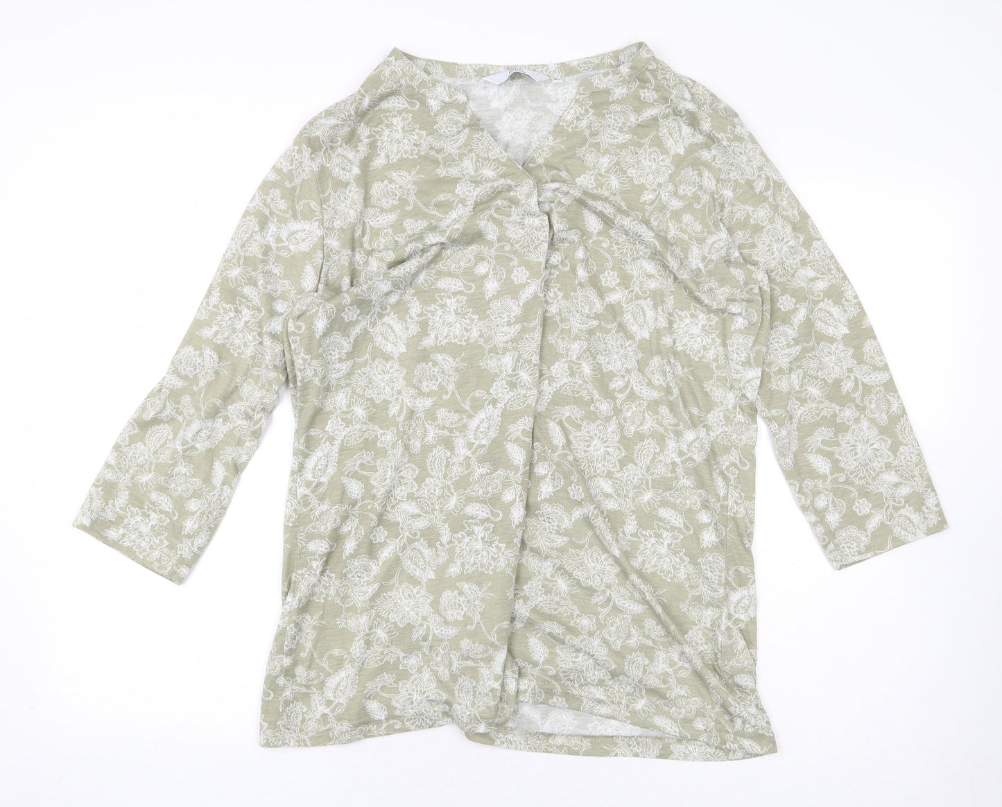 Isle Essentials Womens Green Floral Polyester Basic Blouse Size M V-Neck