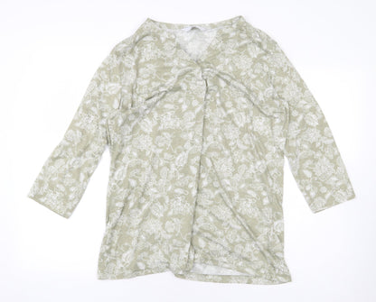 Isle Essentials Womens Green Floral Polyester Basic Blouse Size M V-Neck