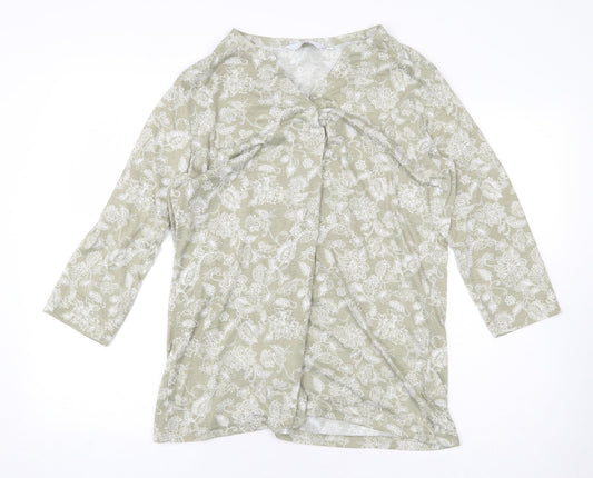 Isle Essentials Womens Green Floral Polyester Basic Blouse Size M V-Neck