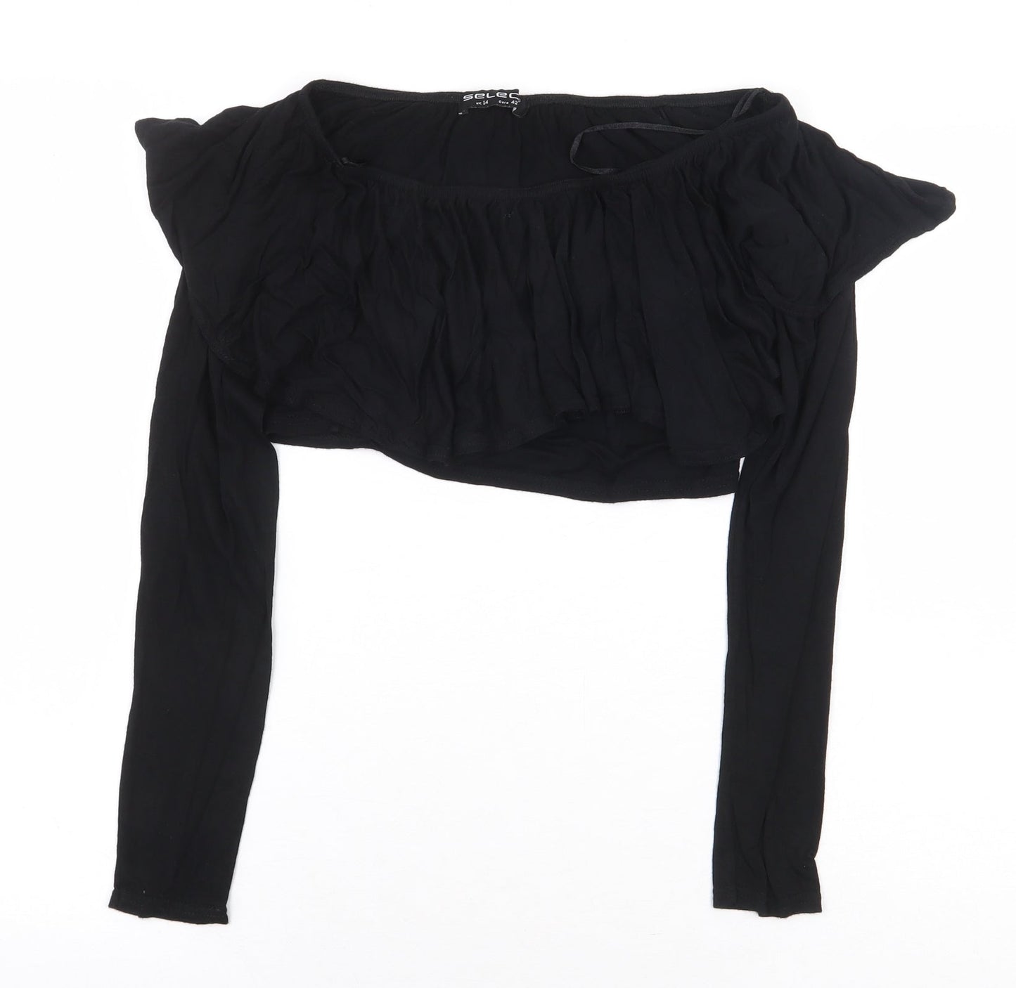 Select Womens Black Viscose Cropped T-Shirt Size 14 Off the Shoulder