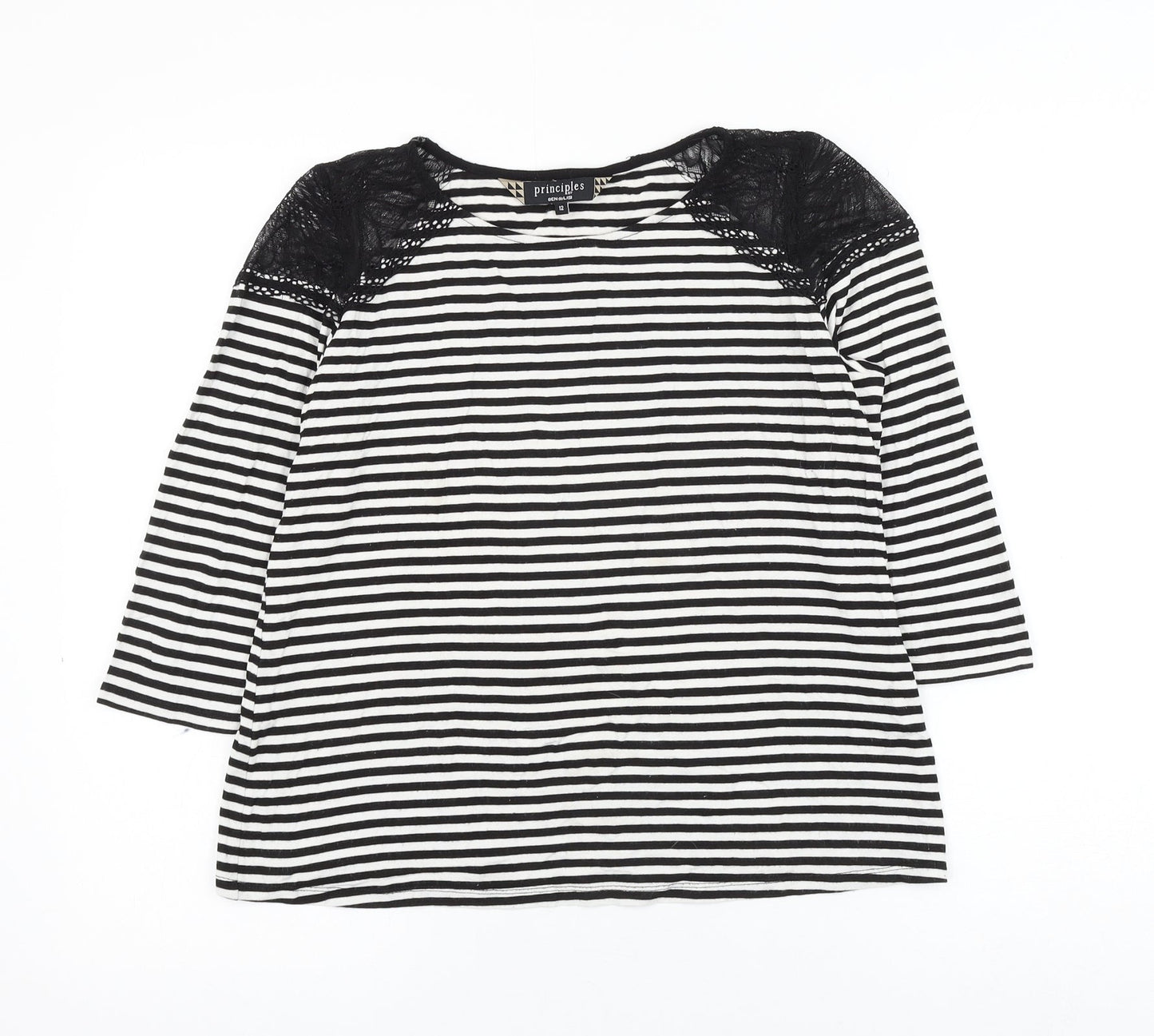 Principles Womens Black Striped Viscose Basic Blouse Size 12 Round Neck - Lace Shoulder