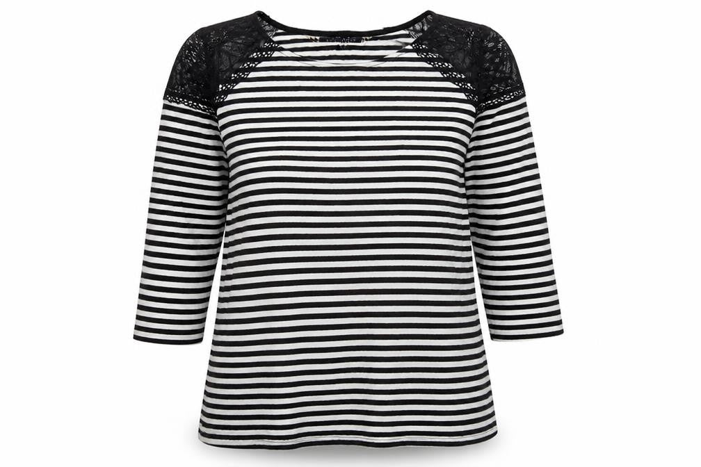 Principles Womens Black Striped Viscose Basic Blouse Size 12 Round Neck - Lace Shoulder
