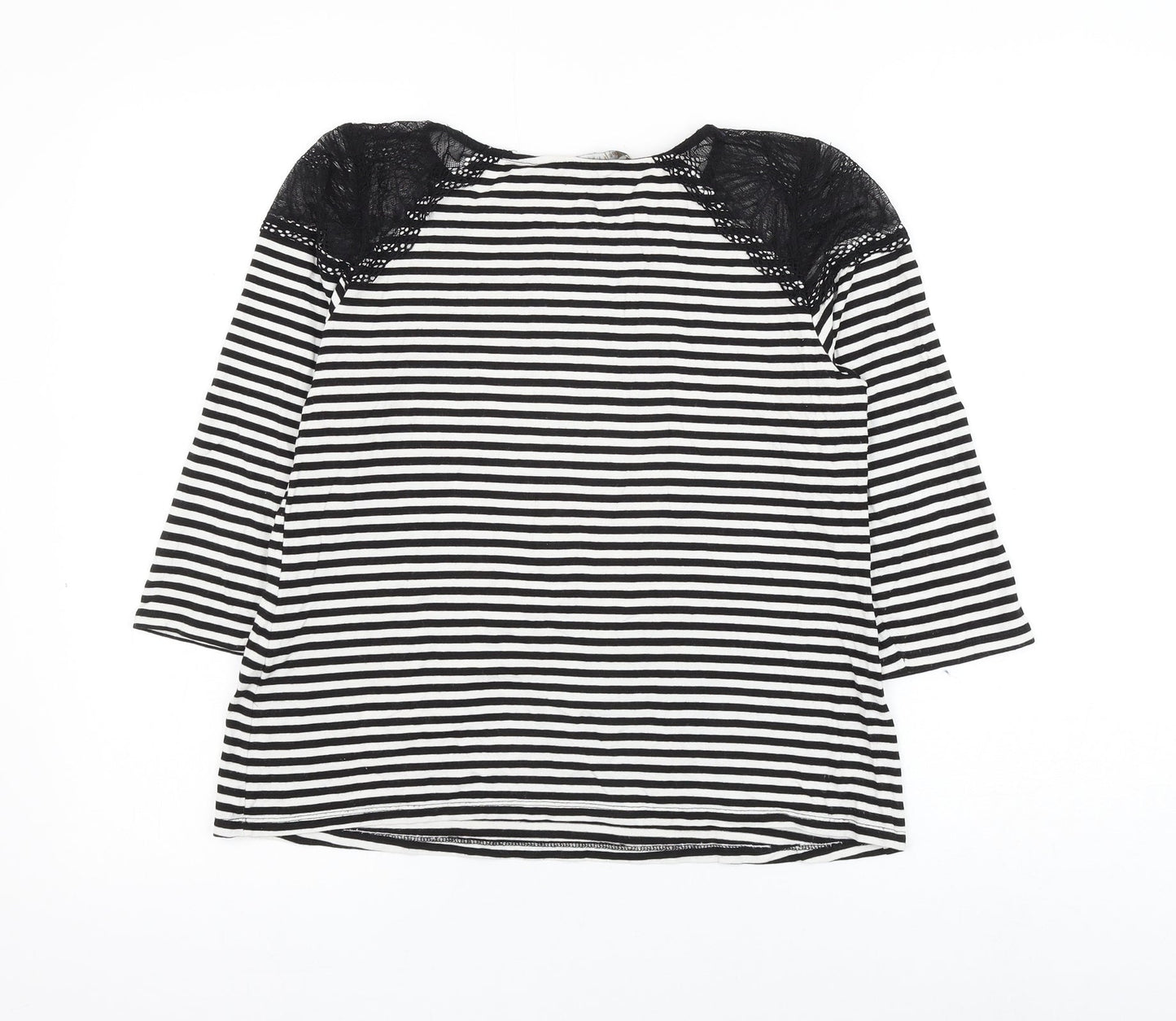 Principles Womens Black Striped Viscose Basic Blouse Size 12 Round Neck - Lace Shoulder