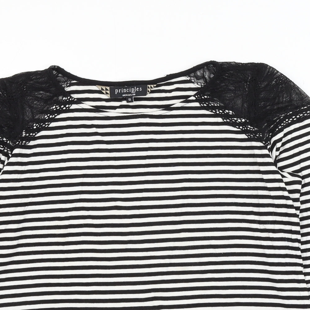 Principles Womens Black Striped Viscose Basic Blouse Size 12 Round Neck - Lace Shoulder