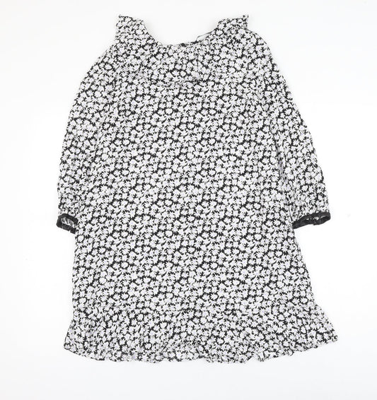 Zara Womens Black Floral Viscose Shift Size M Round Neck Button