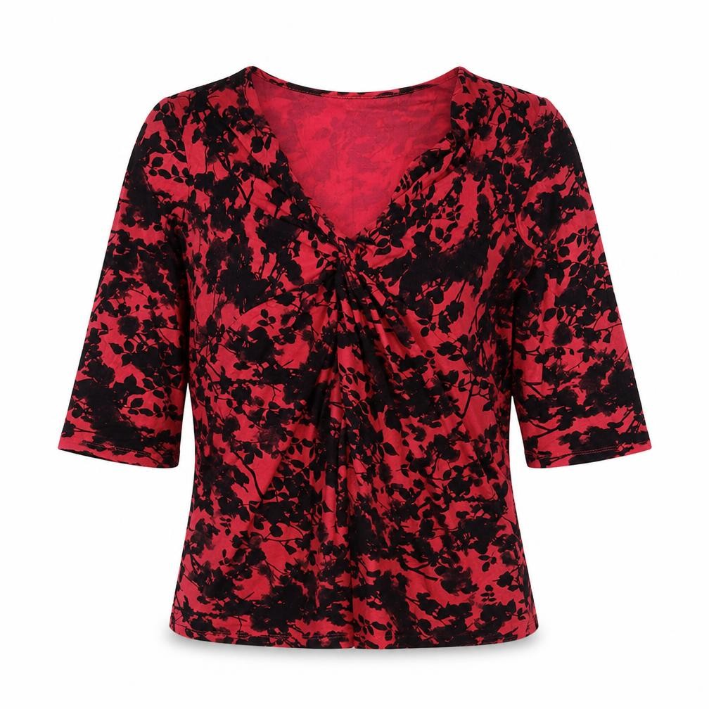 Billie & Blossum Womens Red Floral Viscose Basic Blouse Size 12 V-Neck - Knot Front