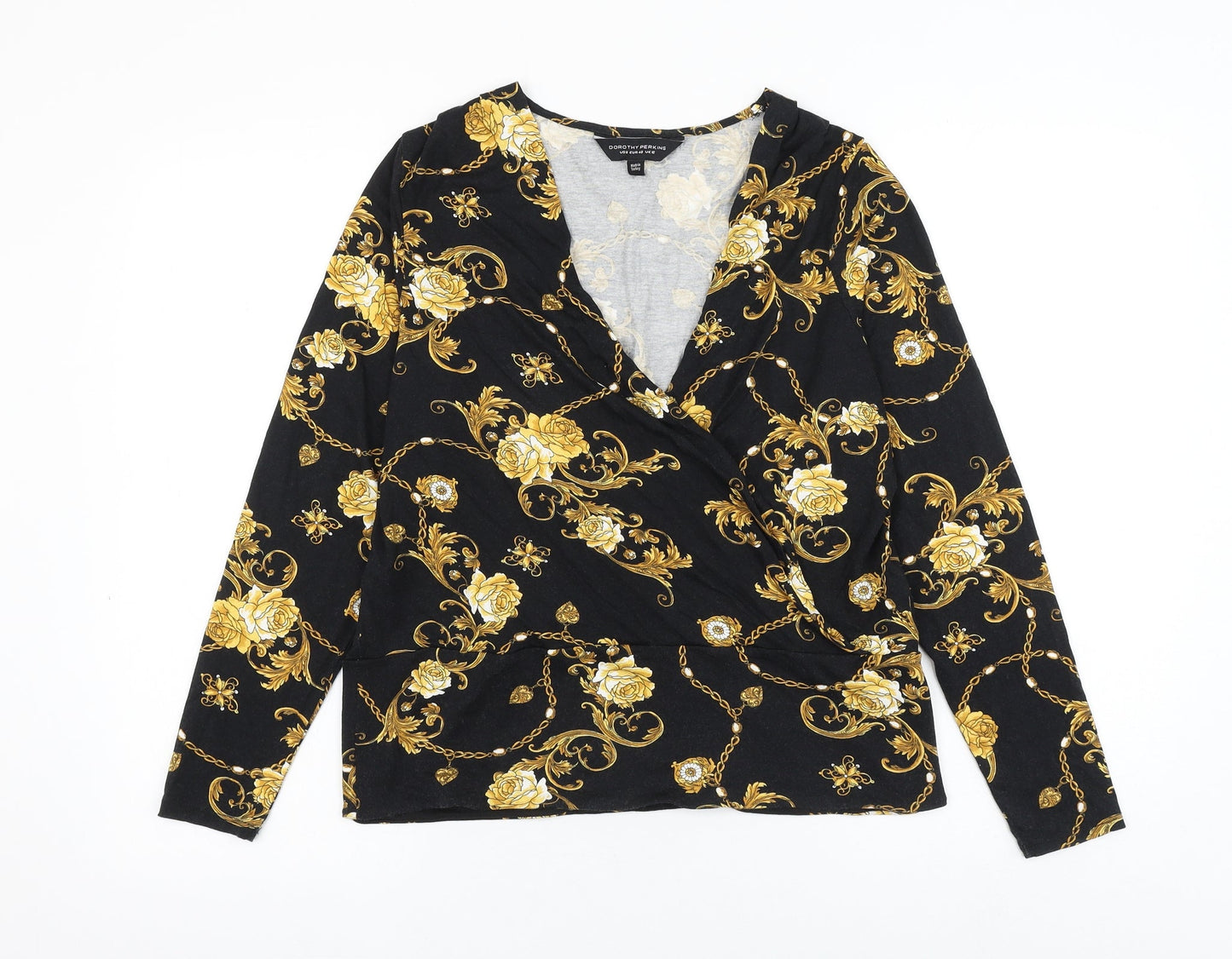 Dorothy Perkins Womens Black Floral Viscose Basic Blouse Size 12 V-Neck