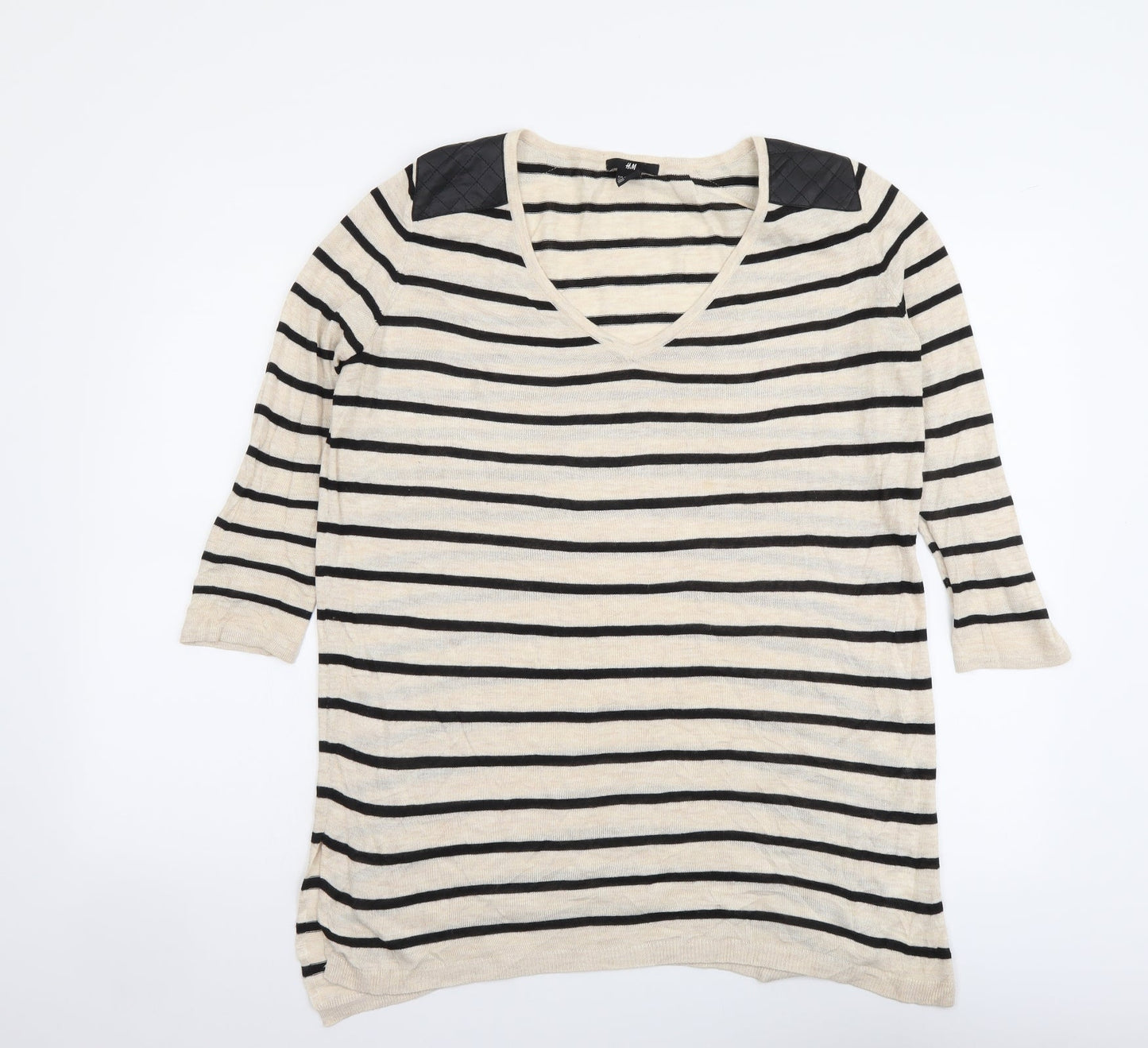 H&M Womens Beige V-Neck Striped Acrylic Pullover Jumper Size XS