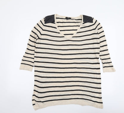 H&M Womens Beige V-Neck Striped Acrylic Pullover Jumper Size XS