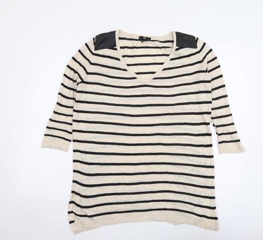 H&M Womens Beige V-Neck Striped Acrylic Pullover Jumper Size XS