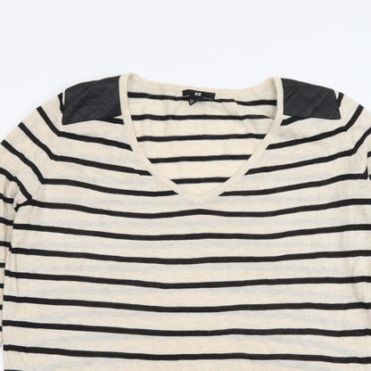H&M Womens Beige V-Neck Striped Acrylic Pullover Jumper Size XS
