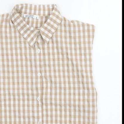 Enjoy Womens Brown Check Viscose Basic Button-Up Size S Collared