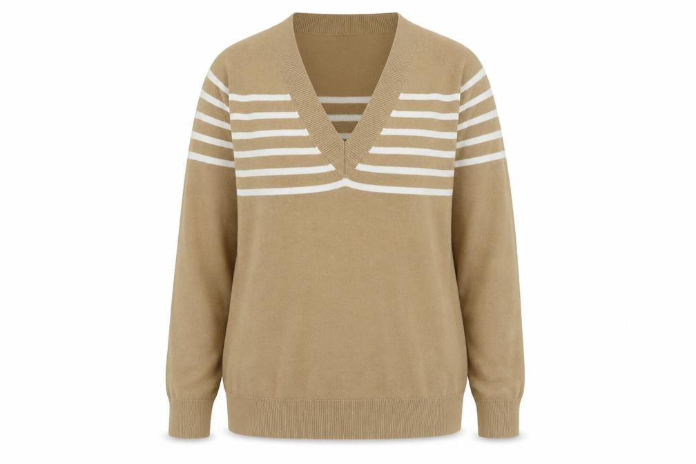 NEXT Womens Brown V-Neck Striped Cotton Pullover Jumper Size 12