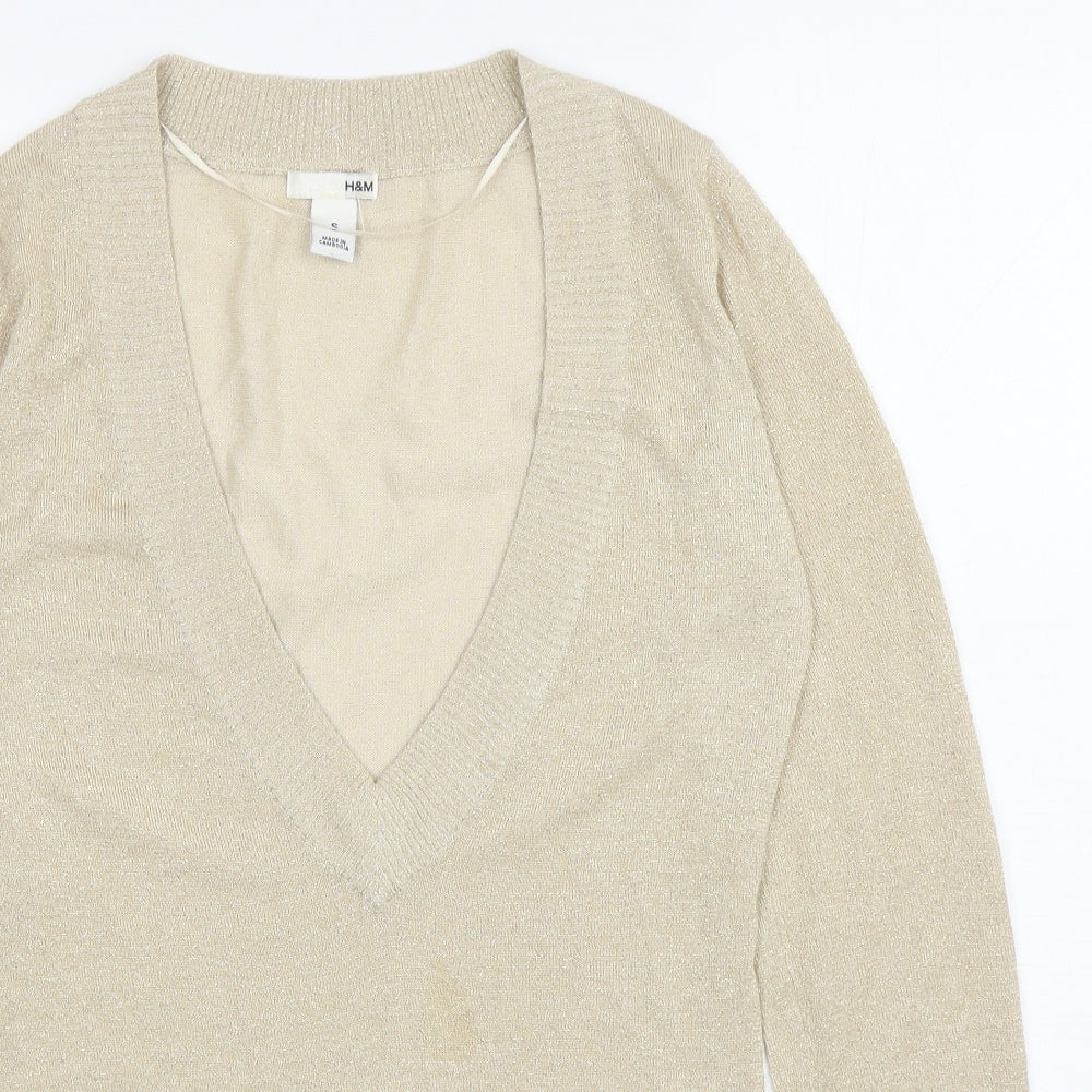 H&M Womens Gold V-Neck Viscose Pullover Jumper Size S