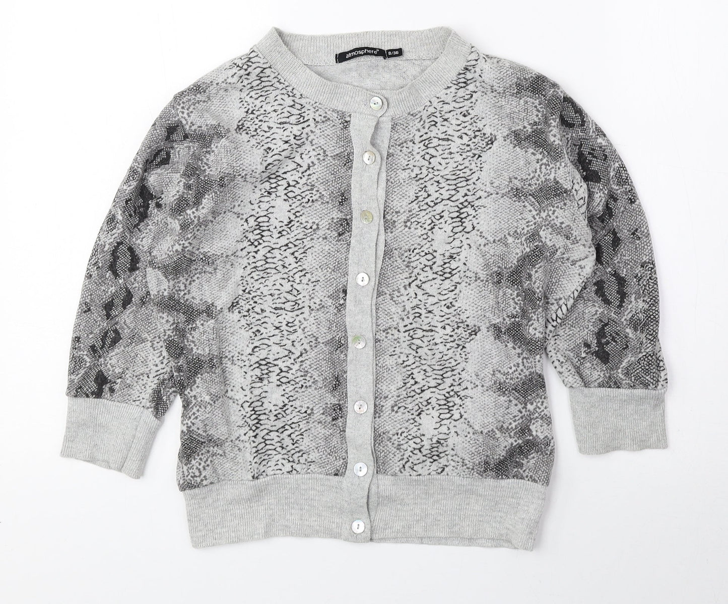 Atmosphere Womens Grey Round Neck Animal Print Cotton Cardigan Jumper Size 8 - Snake Print